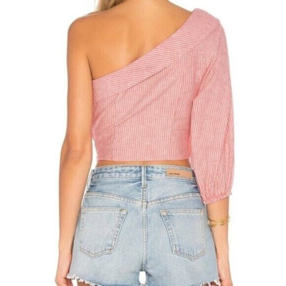 NEW Free People Get Down One Shoulder Crop Top Size 10 Red White Striped Print - Picture 6 of 10
